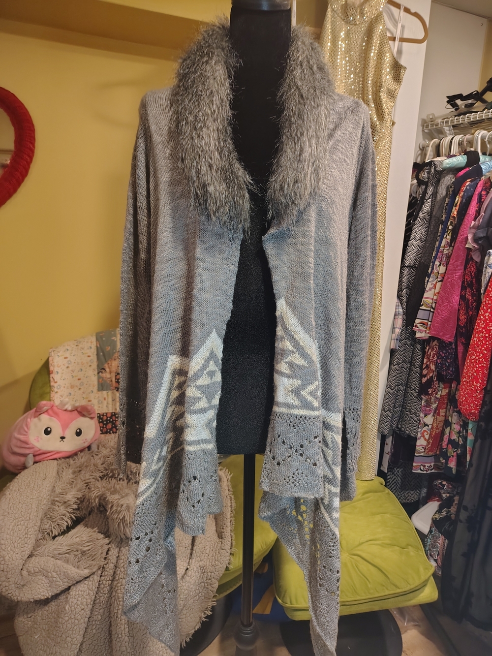 Altar'd State Gray Open Front Cardigan with Faux Fur Collar and Geometric Trim